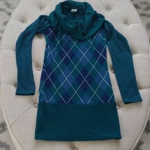 Blue Green Argyle Tunic Cowl Neck Banded Large